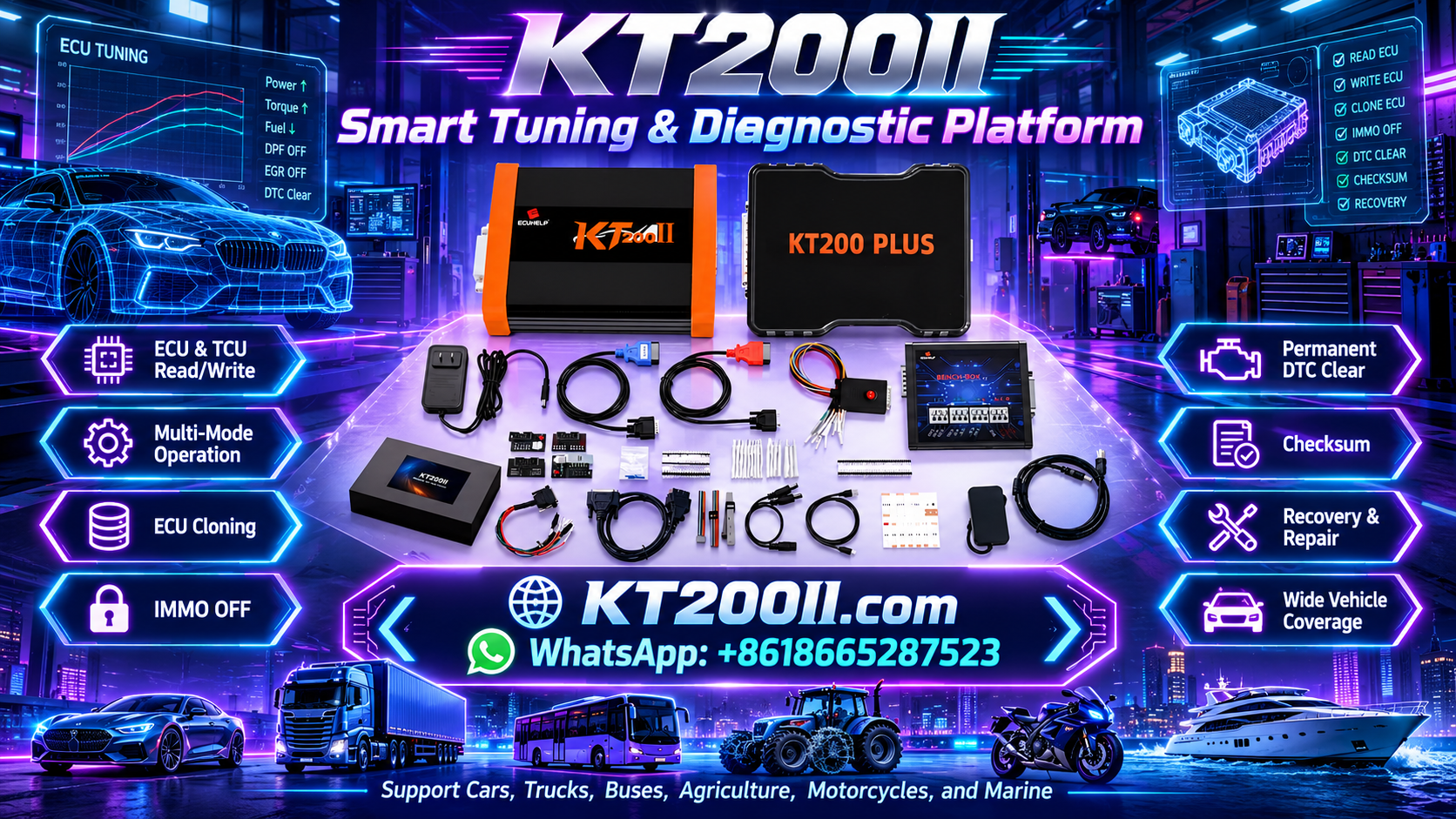 KT200 Plus ECU programmer connected to an automotive engine control unit beside a laptop displaying ECU file data and checksum verification results