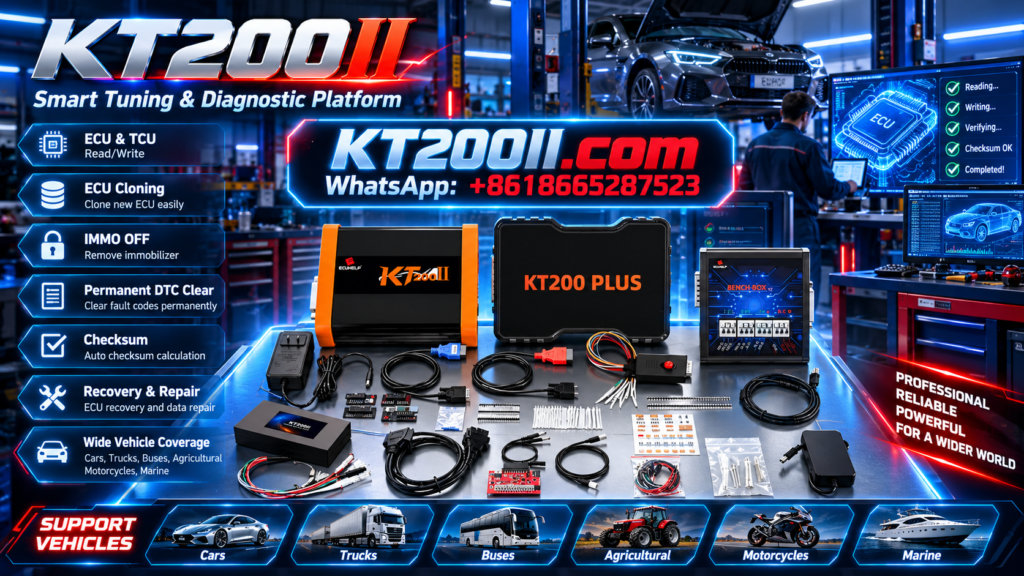 KT200 Plus ECU programmer connected to an automotive engine control unit beside a replacement ECU and laptop in a professional electronics workshop