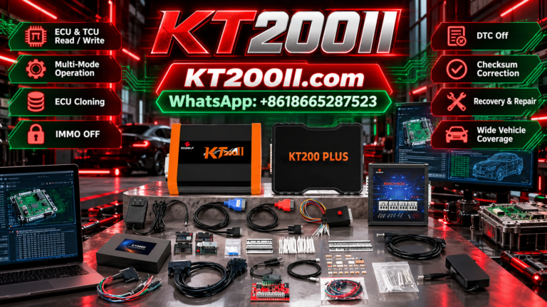 KT200 Plus ECU programmer beside an original engine control unit and a compatible donor ECU on an automotive electronics workbench