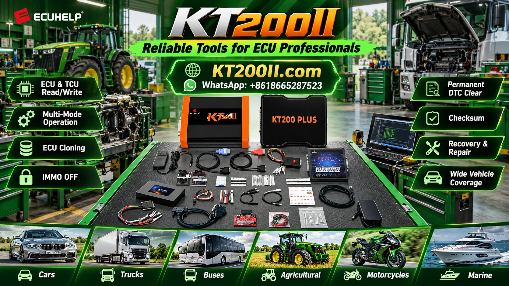 KT200 Plus ECU programmer beside an automotive engine control unit and a laptop displaying ECU memory data on a professional electronics workbench