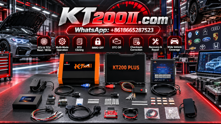KT200 Plus ECU programmer and automotive ECU circuit board prepared for processor and MCU identification before ECU programming