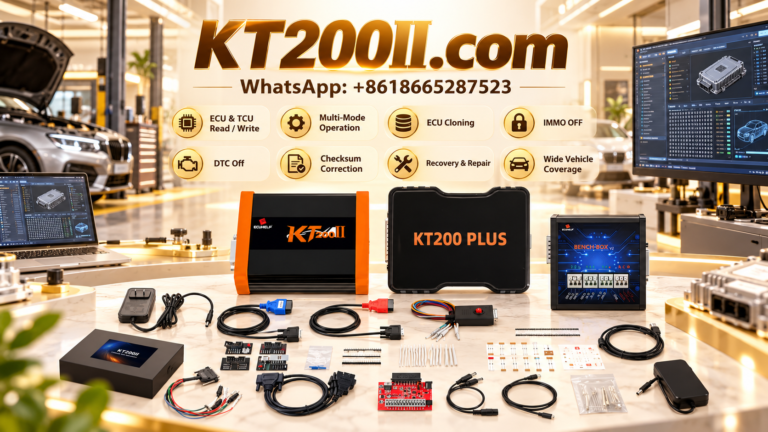 KT200 Plus ECU programmer connected to an automotive control unit during coding, adaptation and software programming procedures