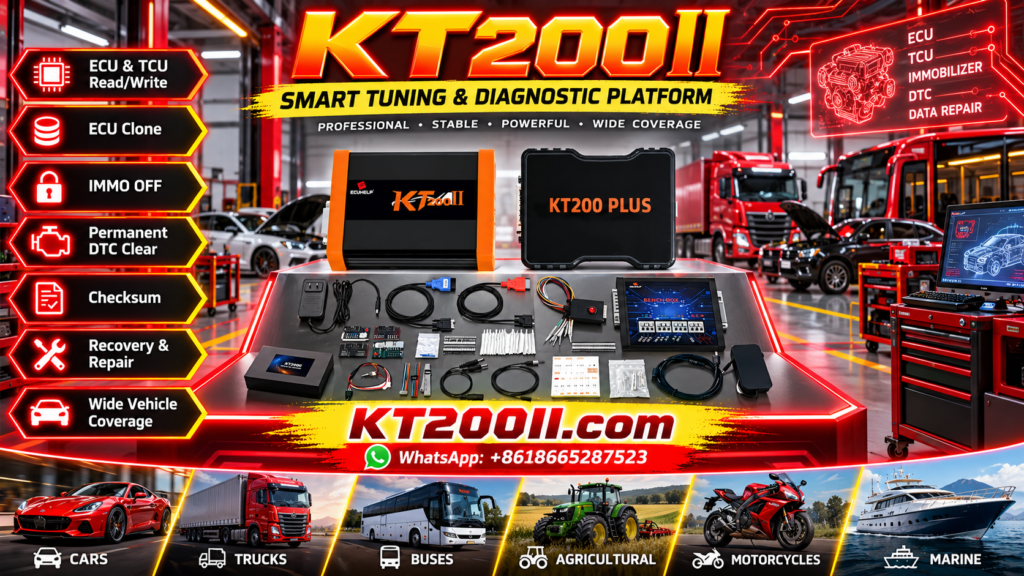 KT200 Plus ECU programmer connected to an automotive engine control unit beside a laptop in a professional ECU repair workshop