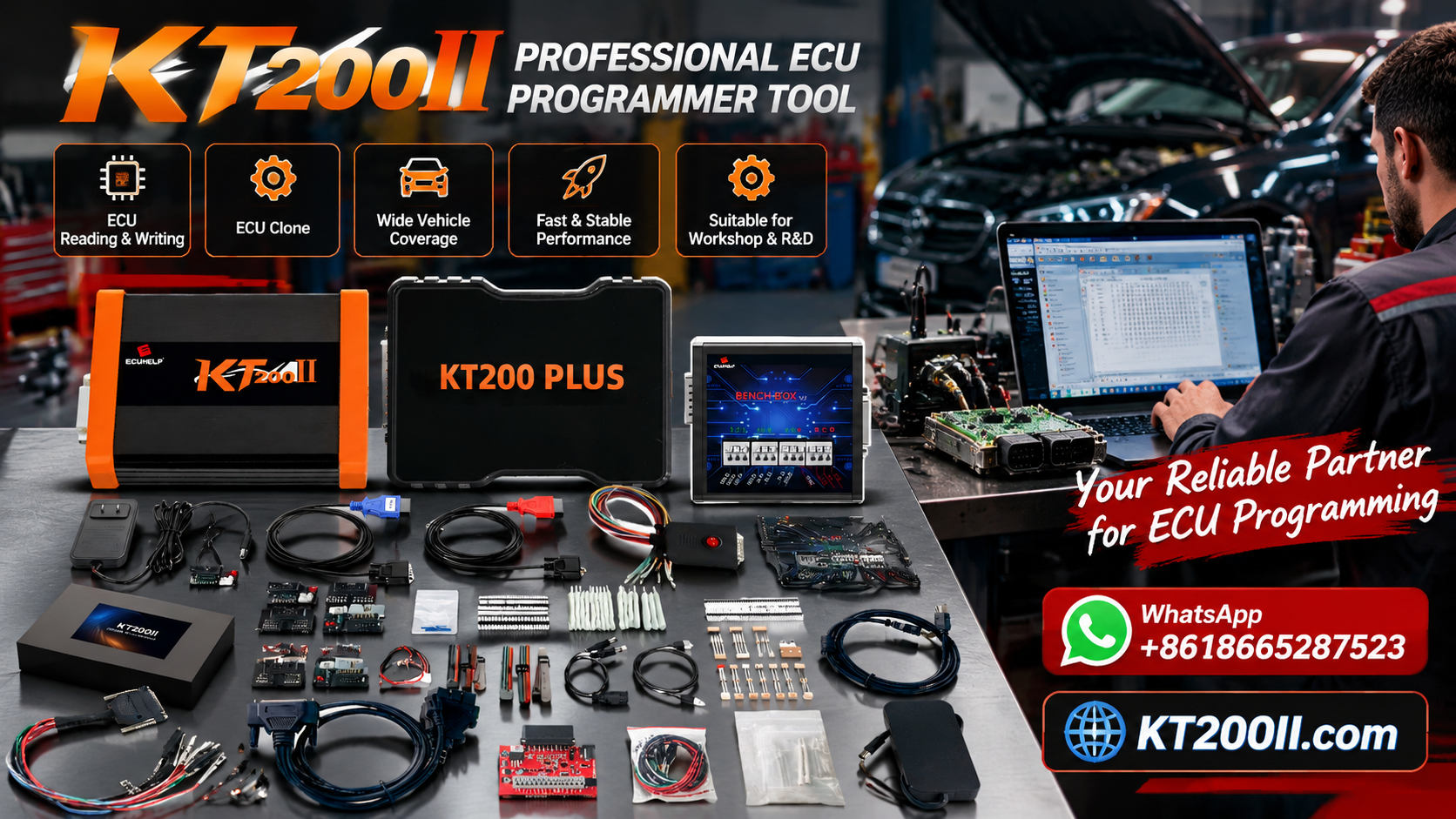 KT200 Plus ECU programmer connected to an automotive engine control unit beside a laptop in a professional ECU recovery and repair workshop
