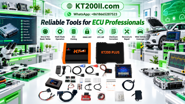KT200 Plus ECU programmer beside an automotive engine control unit and laptop displaying ECU software identification, calibration data and vehicle coding information