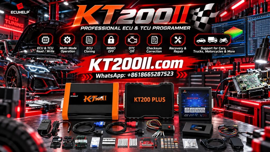 KT200 Plus ECU programmer beside an automotive engine control unit with identification labels and electronic circuit board visible