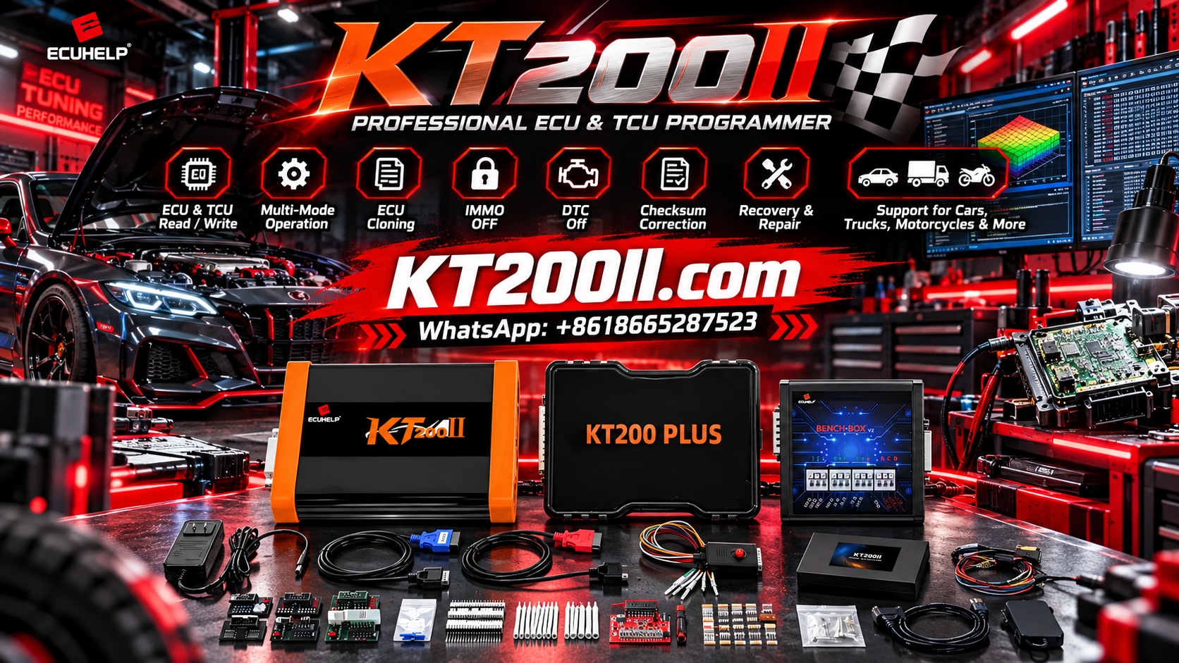 KT200 Plus ECU programmer beside an automotive engine control unit with identification labels and electronic circuit board visible