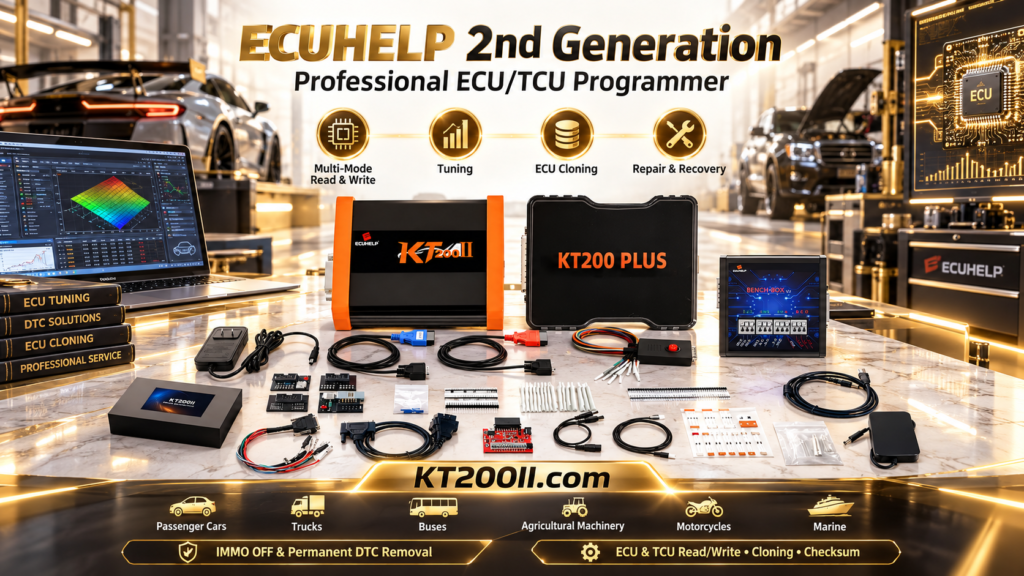 Technician securely organizing KT200 Plus ECU files and customer vehicle data in a professional workshop