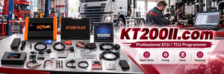 KT200 Plus ECU programmer connected to a laptop displaying ECU programming software beside an automotive engine control unit