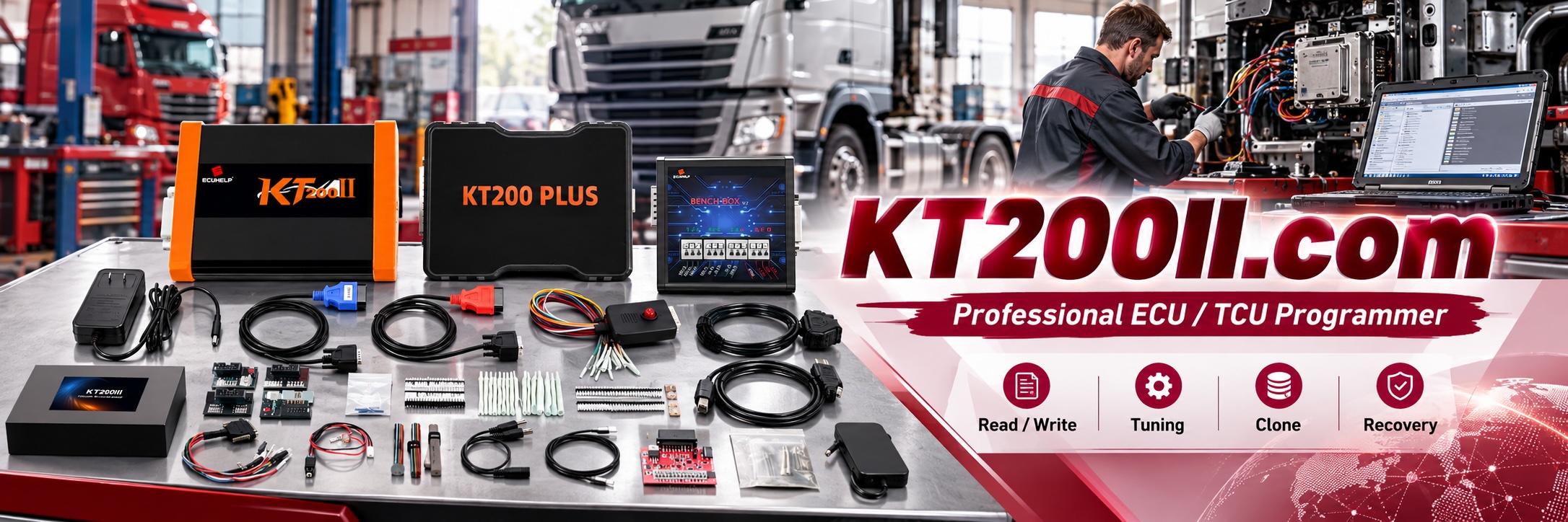 KT200 Plus ECU programmer connected to a laptop displaying ECU programming software beside an automotive engine control unit