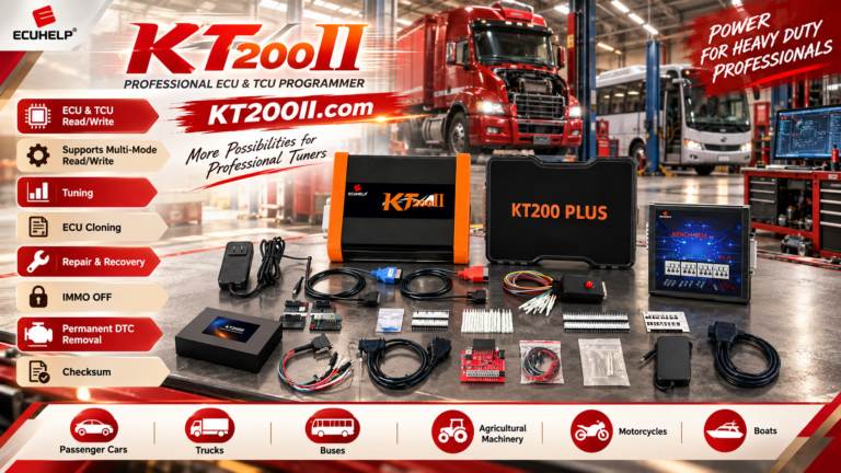 Technician verifying CAN bus wiring and communication lines during KT200Plus bench programming