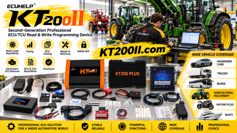 Technician securing KT200Plus bench cables to prevent movement during ECU programming