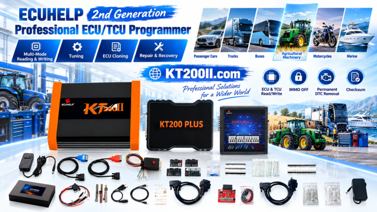 Technician inspecting boot mode pins and probe contact before KT200Plus ECU programming