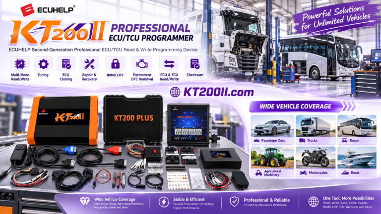 Technician verifying ECU ground reference and power supply before KT200Plus bench programming