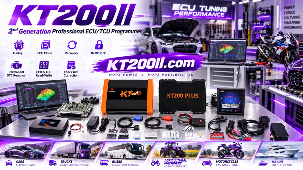 Technician assessing a damaged ECU before KT200Plus repair and recovery