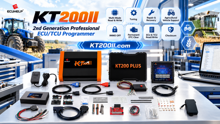 Technician preparing a KT200Plus ECU programmer for construction and agricultural equipment