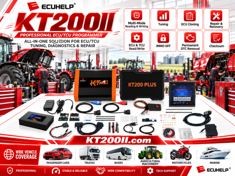 Technician updating KT200Plus ECU programming software and checking driver compatibility on a workshop computer