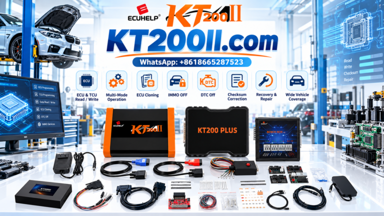 KT200 Plus ECU programmer prepared for reading and writing a compatible motorcycle engine control unit in an automotive electronics workshop