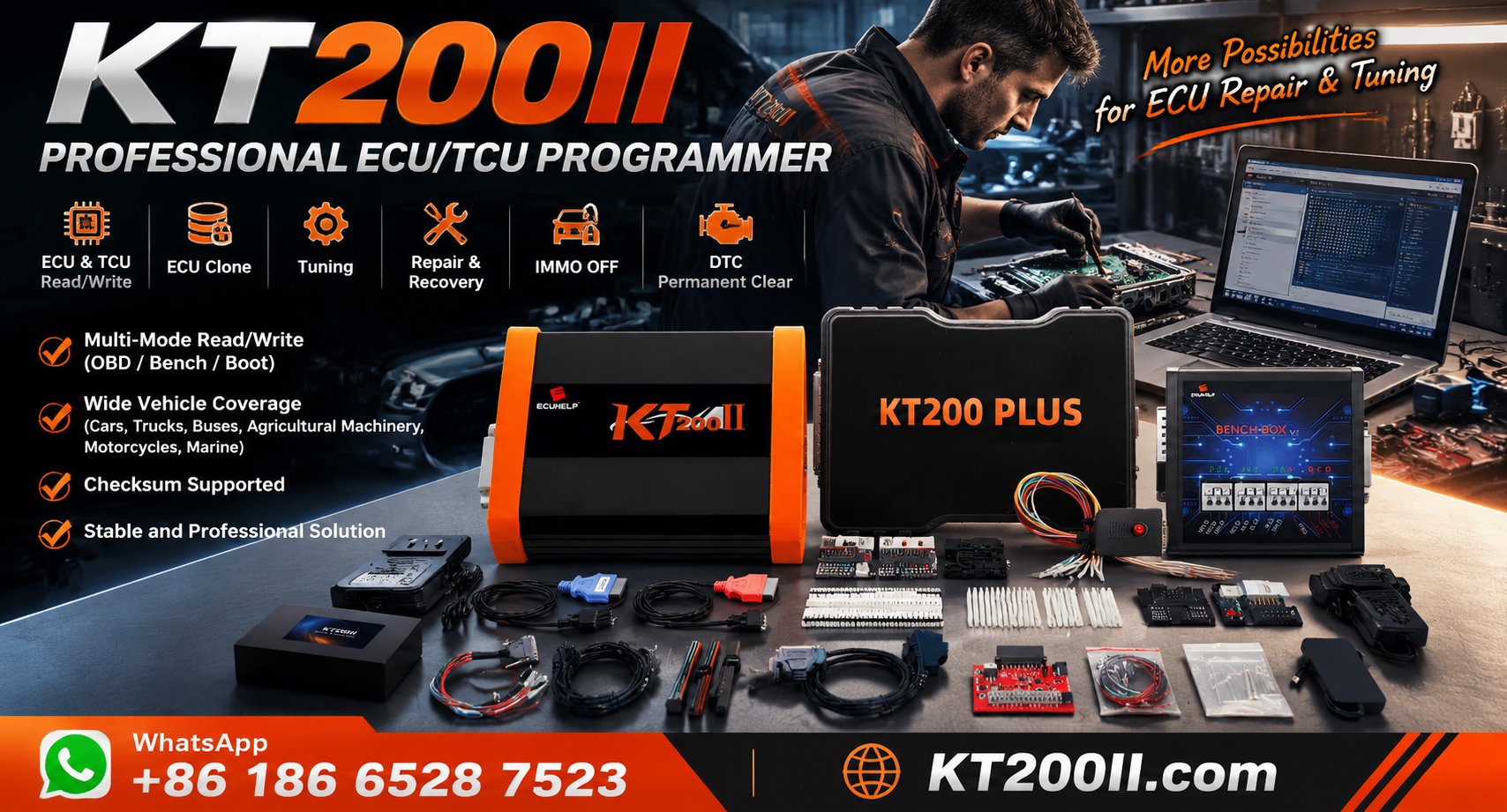 KT200 Plus ECU and TCU programmer connected to an automatic transmission control unit beside a laptop in a professional automotive transmission repair workshop